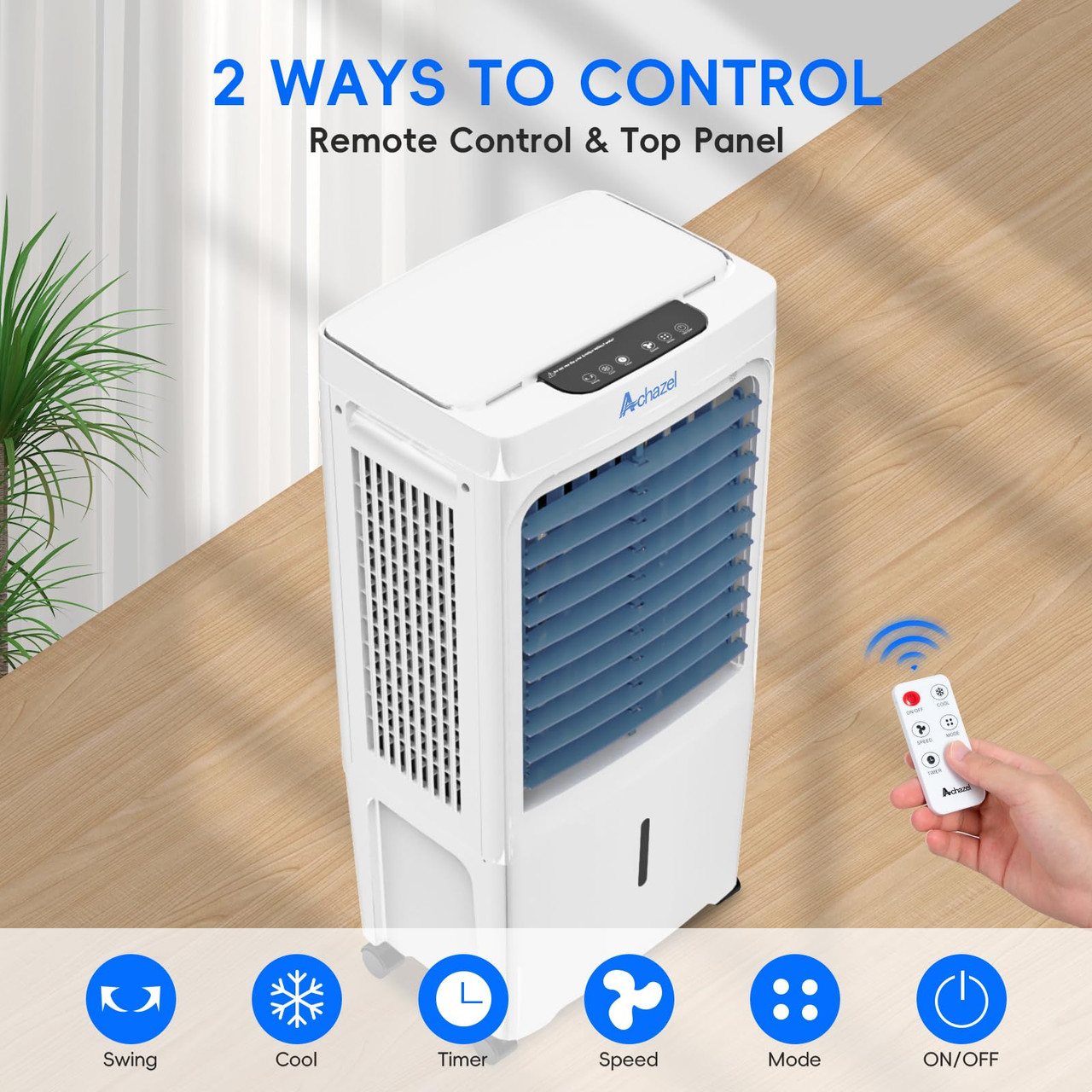 ACHAZEL 1,882 CFM Evaporative Air Cooler with Remote Control,3-Speed Portable Swamp Cooler with 12H Timer, 120° Oscillation, 3-in-1 Water Cooler Fan with 6.61 Gal Water Tank for Indoor Outdoor Use